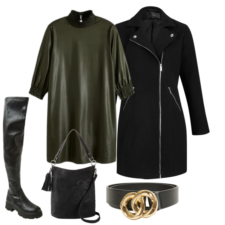 Outfit donna - Mood dark green. Stile Trendy per Serata fuori. Abbinamento con borse a mano, vestiti corti, cappotti, cinture, stivali.