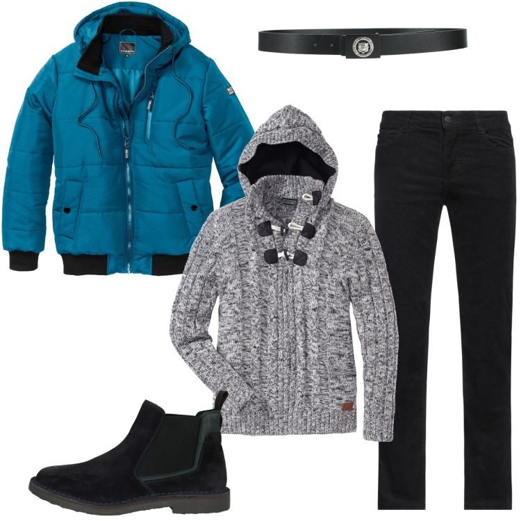 Outfit uomo - Passeggiando in montagna. Stile Casual per Tutti i giorni. Abbinamento con bomber, maglieria, cinture, stivali e stivaletti, pantaloni.