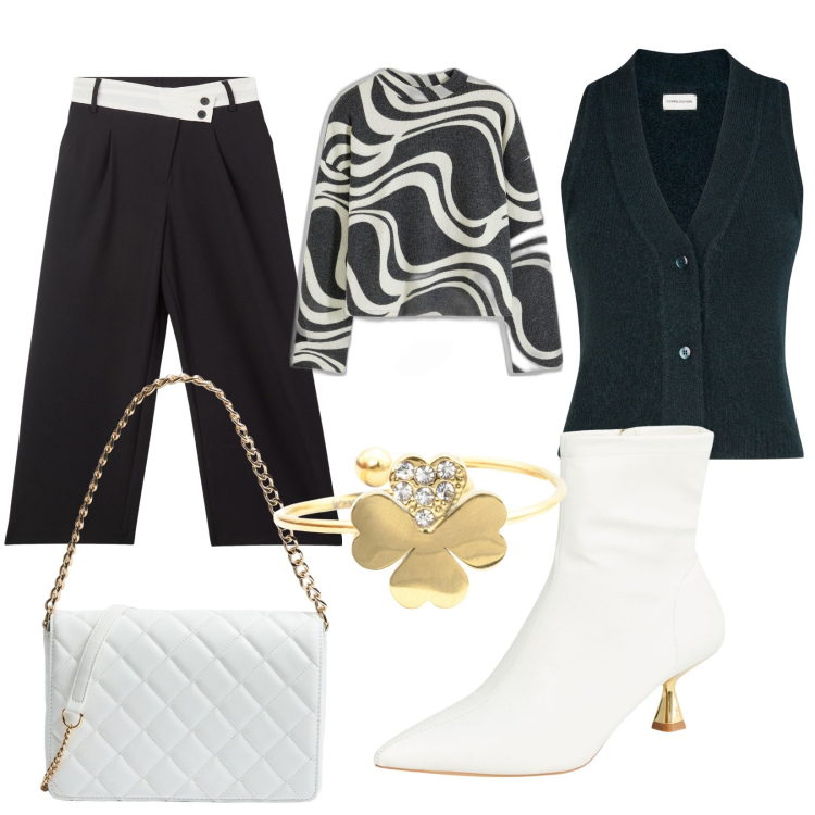 Outfit donna - Total look #2042917. Stile Trendy per Serata fuori. Abbinamento con maglieria, stivaletti, pantaloni, borse a tracolla, anelli, maglieria.