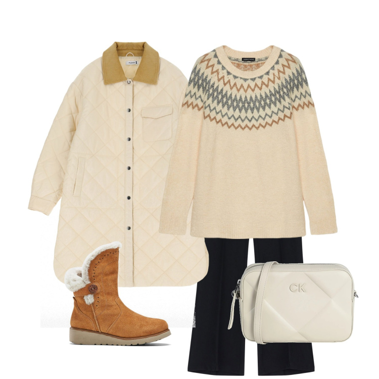 Outfit donna - Che freddo. Stile Casual per Tutti i giorni. Abbinamento con stivali, borse a tracolla, pantaloni, blazer, maglieria.