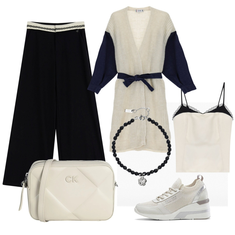 Outfit donna - Total look #2042927. Stile Trendy per Tutti i giorni. Abbinamento con sneakers, borse a tracolla, braccialetti, cardigans, pantaloni, top.