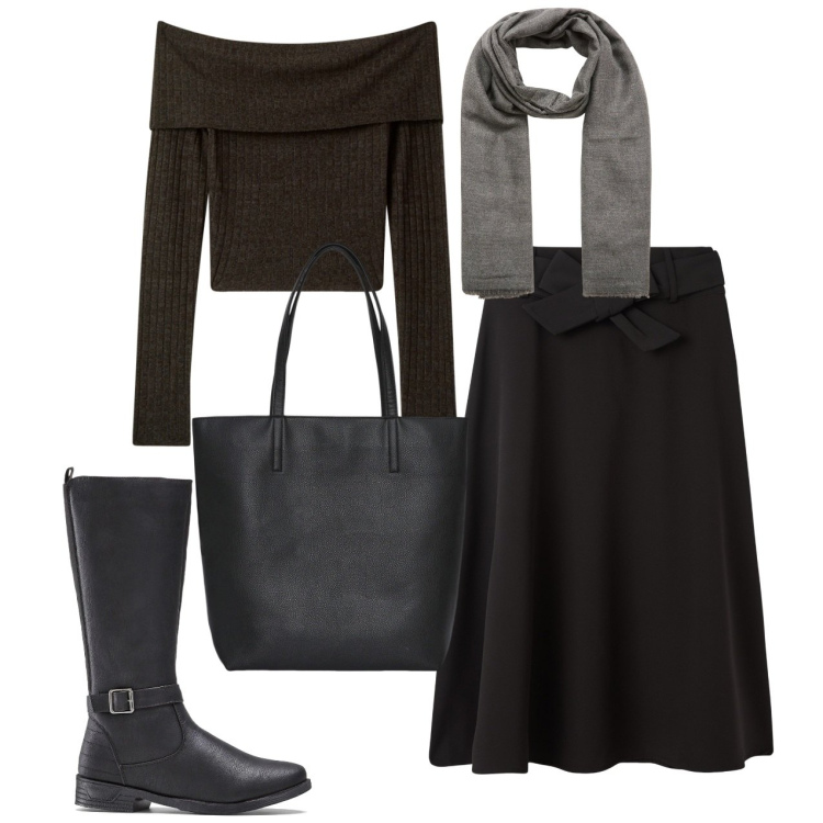 Outfit donna - Total black. Stile Urban per Serata fuori. Abbinamento con stivali, borse tote, gonne lunghe, sciarpe, maglieria.