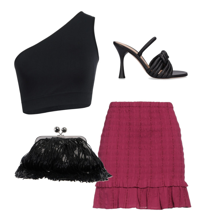 Outfit donna - Gonna rossa. Stile Glamour per Serata fuori. Abbinamento con minigonne, top, sandali in pelle, pochette.