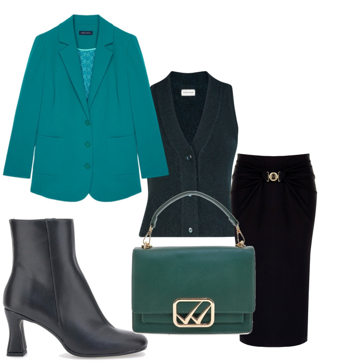 Outfit donna - La gonna col gilet. Stile Casual chic per Tutti i giorni. Abbinamento con gonne longuette, stivaletti, maglieria, blazer, borse a tracolla.