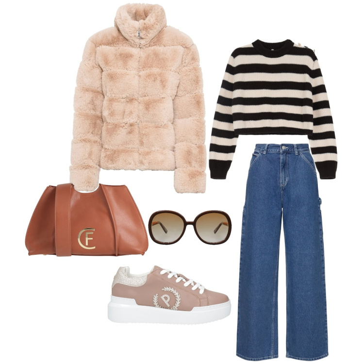 Outfit donna - Total look #2042943. Abbinamento con ecopellicce, borse a tracolla, occhiali da sole, sneakers, maglieria, pantaloni.