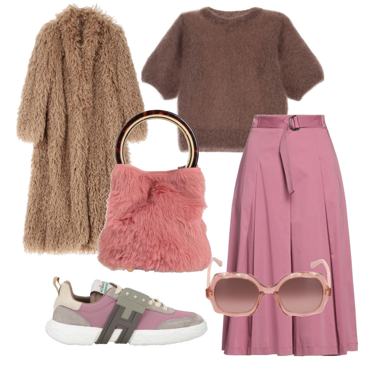 Outfit donna - Eco pelliccia. Stile 70s per Tutti i giorni. Abbinamento con sneakers, gonne longuette, borse a mano, t-shirt, cappotti, occhiali da sole.