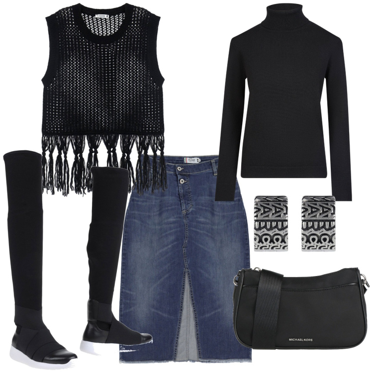 Outfit donna - Frange e spacco. Stile Casual chic per Serata fuori. Abbinamento con stivali, borse a tracolla, gonne, maglieria, maglieria, orecchini.