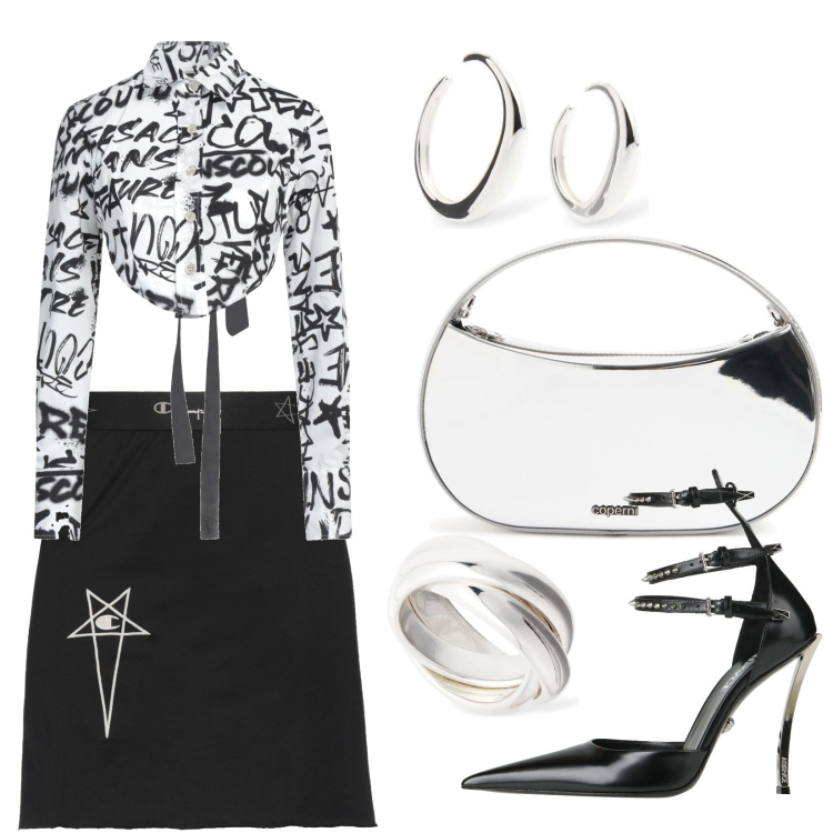 Outfit donna - Total look #2042955. Stile Trendy per Serata fuori. Abbinamento con minigonne, décolleté, camicie, anelli, orecchini, borse a mano.