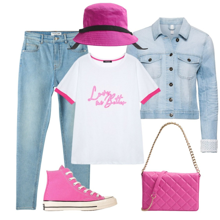 Outfit donna - Love is better. Stile Casual per Tutti i giorni. Abbinamento con blazer, sneakers alte, jeans skinny, cappelli, borse a tracolla, t-shirt.