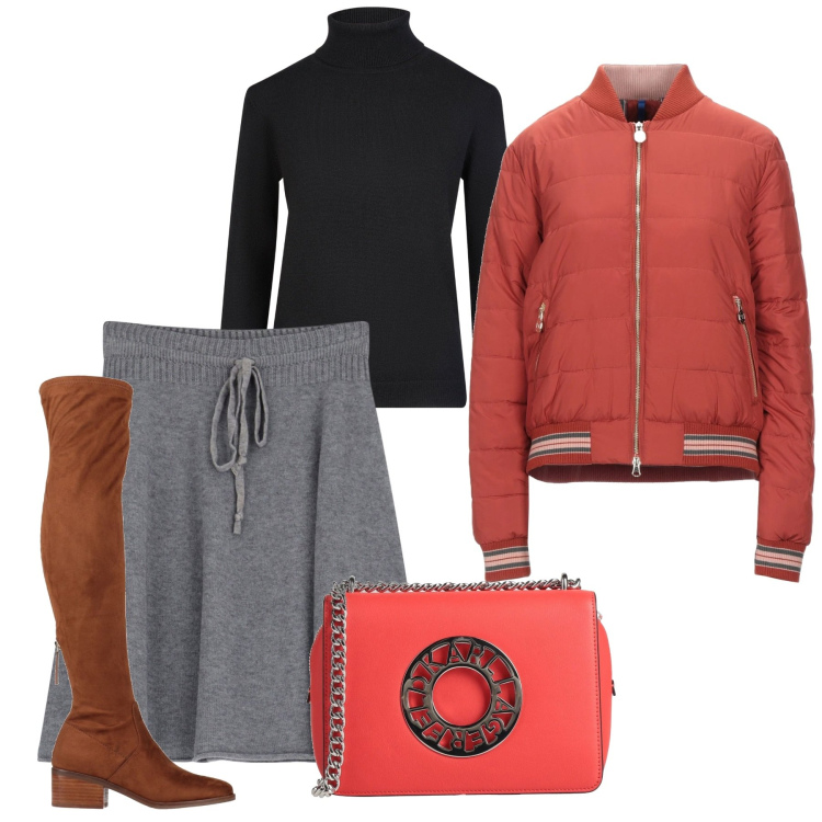 Outfit donna - Il giubbotto orange. Stile Urban per Tutti i giorni. Abbinamento con stivali sopra il ginocchio, piumini, borse a tracolla, minigonne, maglieria.