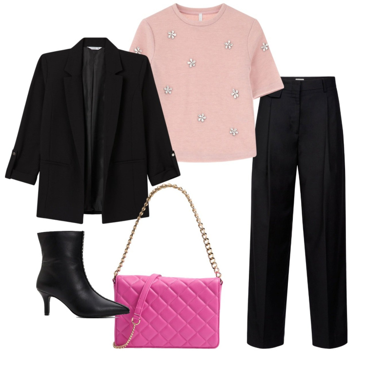 Outfit donna - Serata. Stile Bon Ton per Serata fuori. Abbinamento con stivaletti, blazer, borse a tracolla, maglieria, pantaloni.