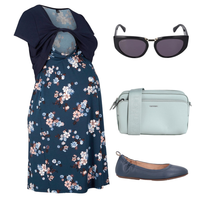 Outfit donna - Premaman. Stile Casual chic per Tutti i giorni. look ideale per Premaman. Abbinamento con vestiti, ballerine, borse a tracolla, occhiali da sole.