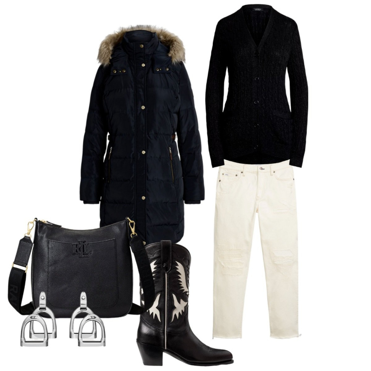 Outfit donna - Tutto R.L.. Stile Casual chic per Tutti i giorni. Abbinamento con orecchini, piumini, stivali, jeans strappati, borse a tracolla, cardigans.