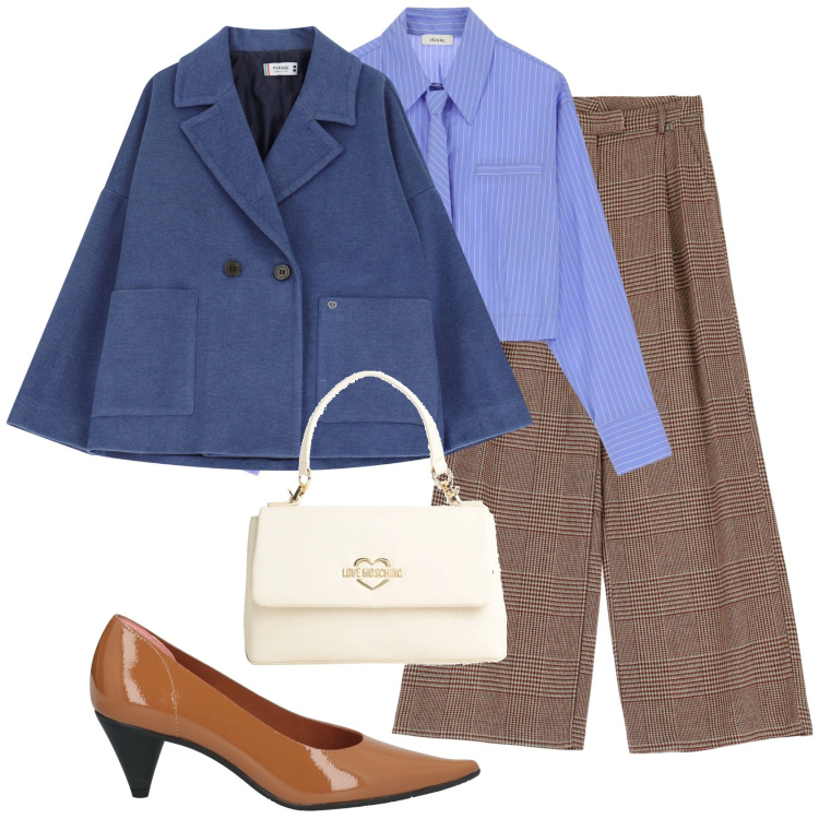 Outfit donna - Blue coat. Stile Chic per Ufficio. Abbinamento con décolleté, borse a mano, blazer, pantaloni a palazzo, camicie.