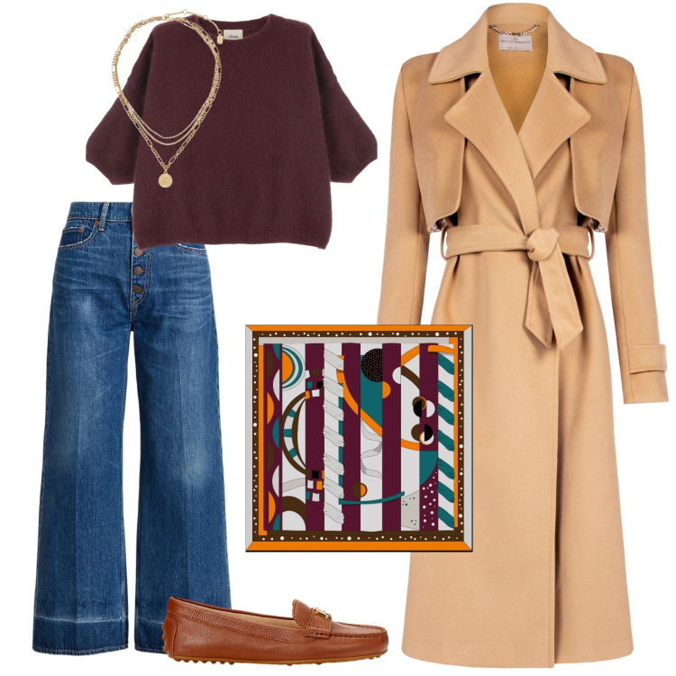 Outfit donna - Must have: cappotto cammello. Stile Casual chic per Tutti i giorni. Abbinamento con cappotti, pullovers, mocassini, ciondoli, jeans, foulard.