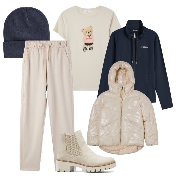 Outfit donna - Sportiva in città. Stile Casual per Tutti i giorni. Abbinamento con stivaletti, pantaloni, blazer, berretti, t-shirt, felpe sportive.