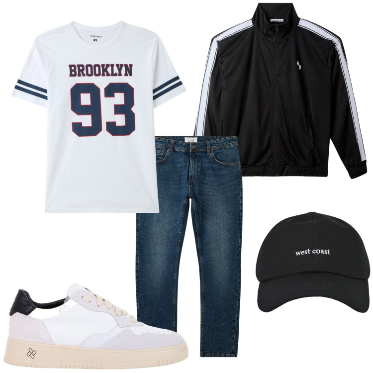 Outfit uomo - Terranova casual. Stile Casual per Tutti i giorni. Abbinamento con jeans, cappelli con visiera, t-shirt, felpe, sneakers.