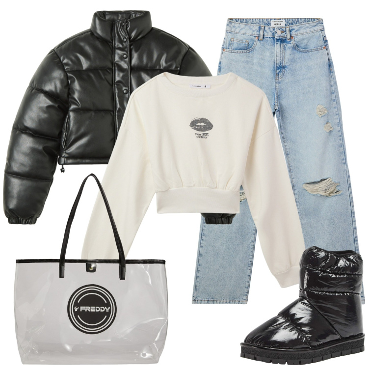 Outfit donna - Total look #2043032. Stile Urban per Tutti i giorni. Abbinamento con jeans strappati, blazer, stivali da neve, felpe, shopping bag.