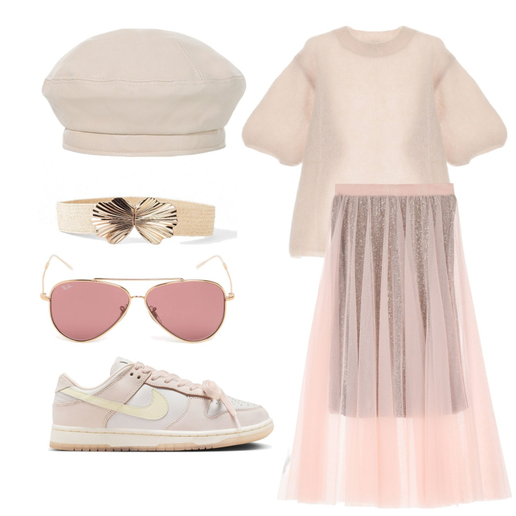 Outfit donna - Tulle rosa. Stile Romantica per Tutti i giorni. Abbinamento con cinture, gonne lunghe, cappelli e berretti, pullovers, occhiali da sole, sneakers.