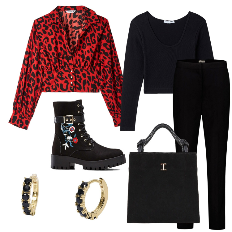 Outfit donna - Animalier rosso. Stile Glamour per Ufficio. Abbinamento con stivali, bluse, t-shirt, orecchini, shopping bag, pantaloni.