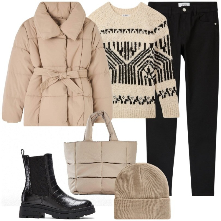 Outfit donna - Pantaloni skinny effetto push up. Stile Casual per Tutti i giorni. Abbinamento con borse a mano, stivaletti chelsea, pantaloni skinny, piumini, berretti, maglieria.