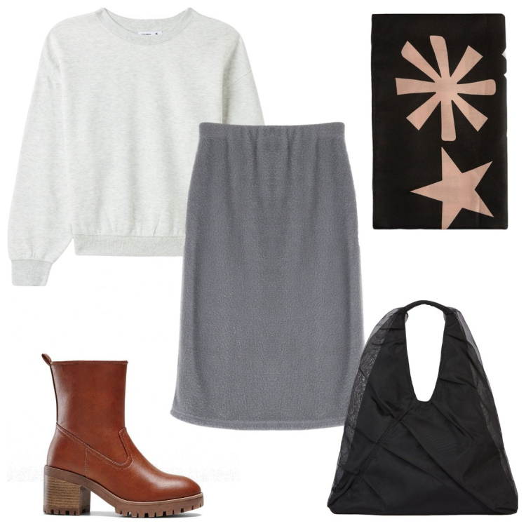 Outfit donna - Total look #2043067. Stile Trendy per Tutti i giorni. Abbinamento con stivaletti, felpe, gonne longuette, shopping bag, sciarpe.