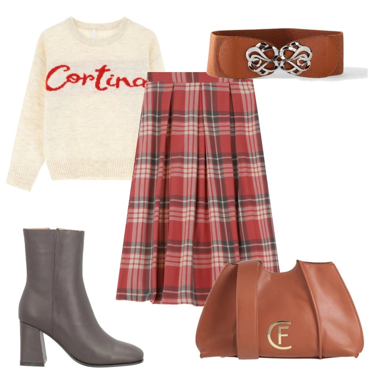 Outfit donna - Total look #2043073. Stile Trendy per Tutti i giorni. Abbinamento con cinture, stivaletti, borse a tracolla, maglieria, gonne longuette.