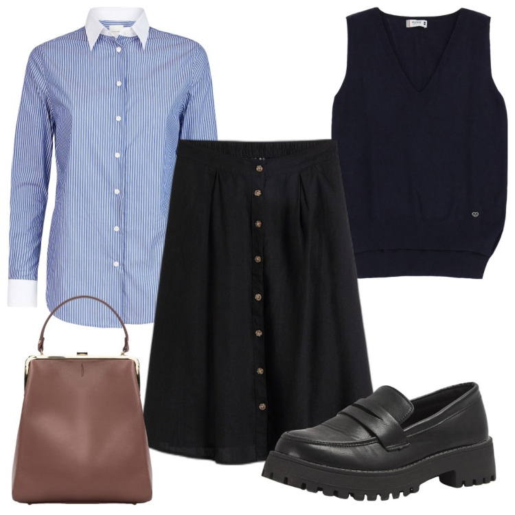 Outfit donna - Total look #2043076. Stile Preppy per Scuola/Università. Abbinamento con gonne longuette, mocassini, maglieria, borse a spalla, camicie.