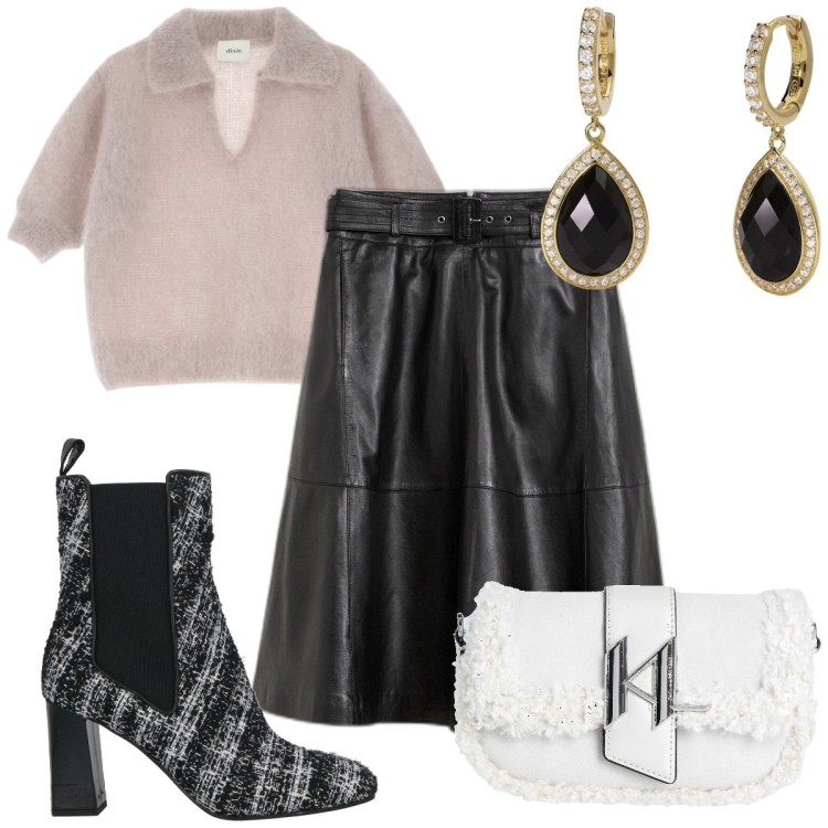 Outfit donna - Total look #2043080. Stile Trendy per Tutti i giorni. Abbinamento con gonne, borse a spalla, stivaletti chelsea, orecchini, maglieria.