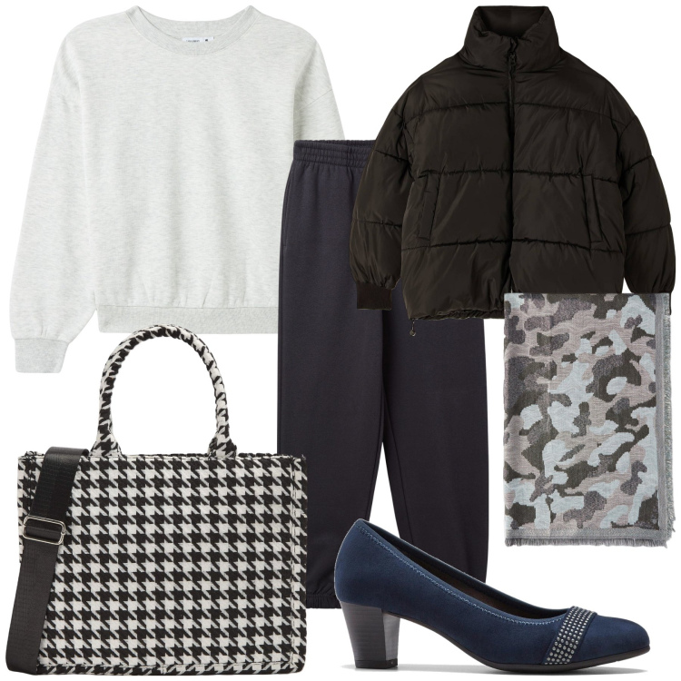Outfit donna - Stamattina in centro. Stile Urban per Tutti i giorni. Abbinamento con décolleté, shopping bag, pantaloni, felpe, piumini, sciarpe.