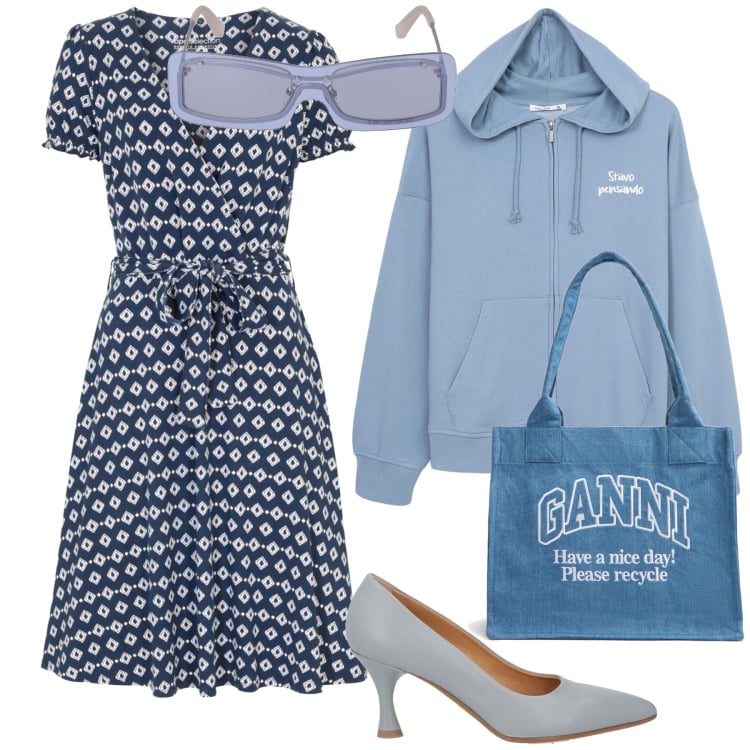Outfit donna - Abito e felpa. Stile Trendy per Ufficio. Abbinamento con décolleté, vestiti, felpe con cappuccio, shopping bag, occhiali da sole.