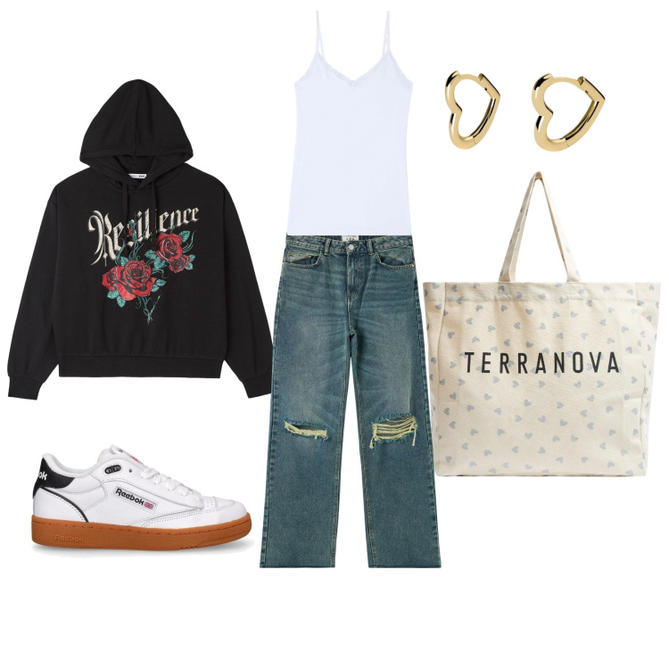 Outfit donna - casual?. Stile Casual per Scuola/Università. Abbinamento con jeans strappati, felpe con cappuccio, canottiere, shopping bag, orecchini, sneakers.