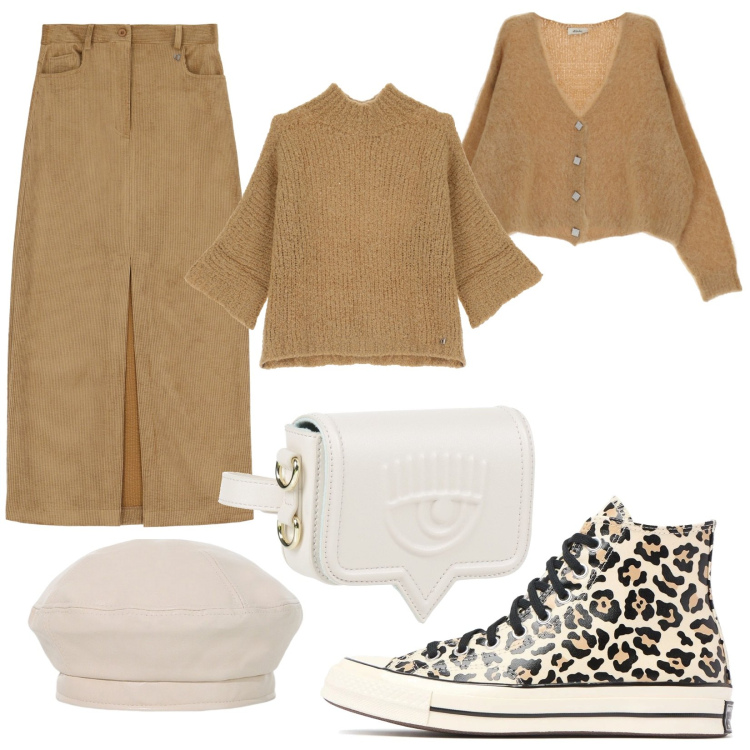 Outfit donna - Total look #2043107. Stile Trendy per Tutti i giorni. Abbinamento con marsupi, maglieria, cardigans, cappelli e berretti, gonne lunghe, sneakers.