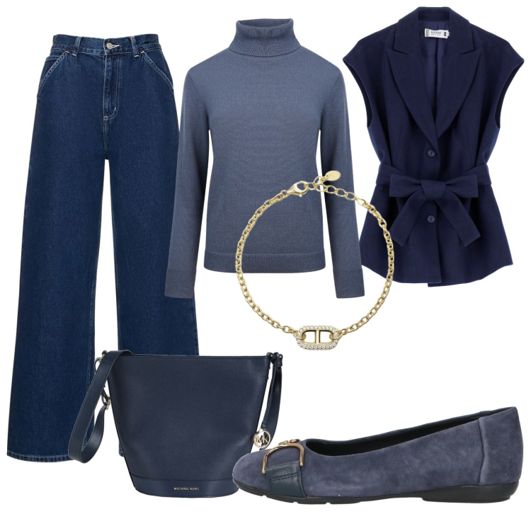Outfit donna - A tutto blu...... Stile Trendy per Tutti i giorni. Abbinamento con ballerine, borse a spalla, braccialetti, gilet, maglieria, pantaloni.
