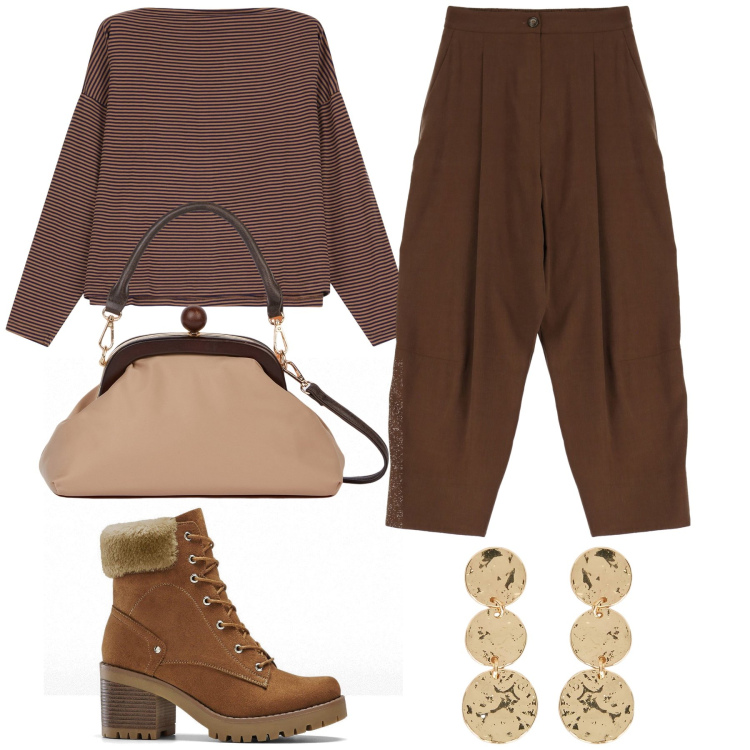 Outfit donna - Mocha. Stile Trendy per Ufficio. Abbinamento con stivaletti, maglieria, pantaloni, clutch, orecchini.