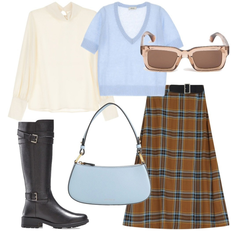 Outfit donna - Vintage anni \'70. Stile Vintage retrò per Ufficio. Abbinamento con stivali, borse a mano, camicie, gonne lunghe, maglieria, occhiali da sole.