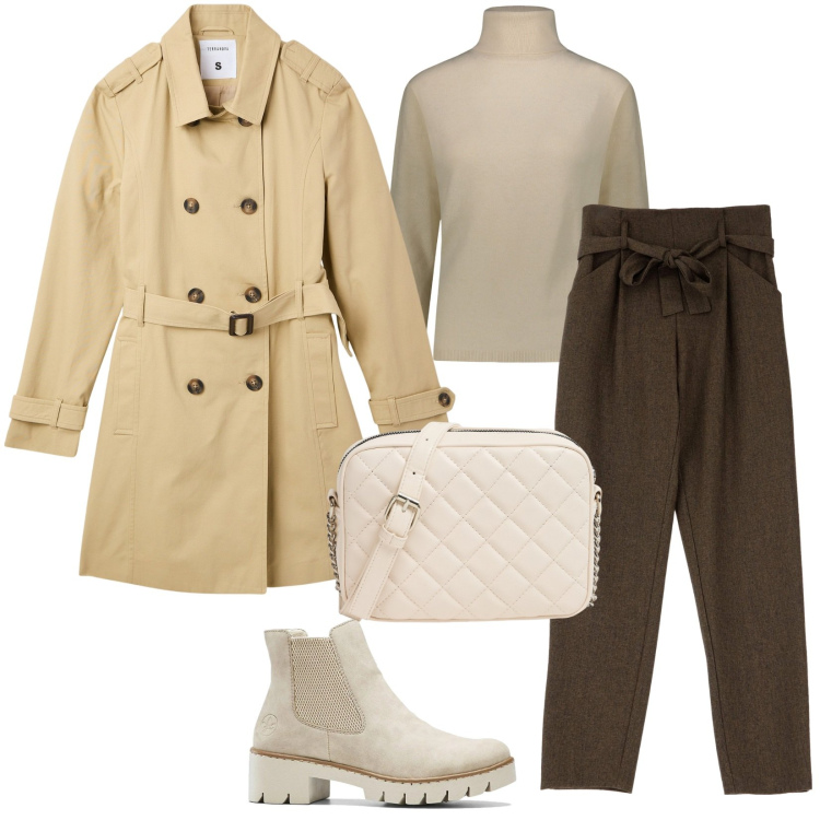Outfit donna - Total look #2043121. Stile Casual per Tutti i giorni. Abbinamento con stivaletti, trench, borse a tracolla, pantaloni, pullovers.