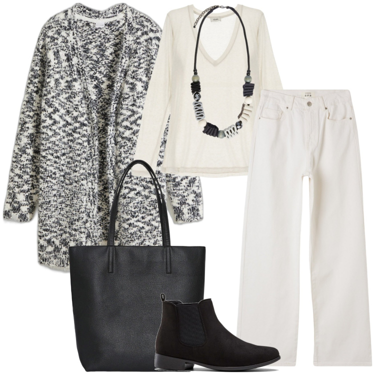 Outfit donna - Minimal con il cardigan. Stile Minimal per Tutti i giorni. Abbinamento con stivaletti chelsea, cardigans, borse tote, pantaloni, maglieria, collane.