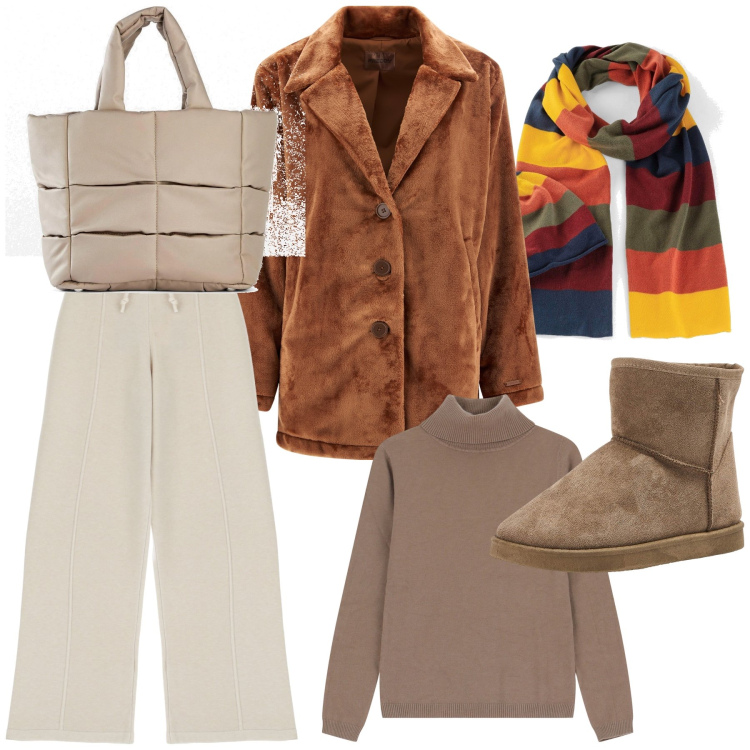 Outfit donna - Città. Stile Urban per Tutti i giorni. Abbinamento con sciarpe, borse a mano, stivaletti, maglieria, pantaloni, cappotti.