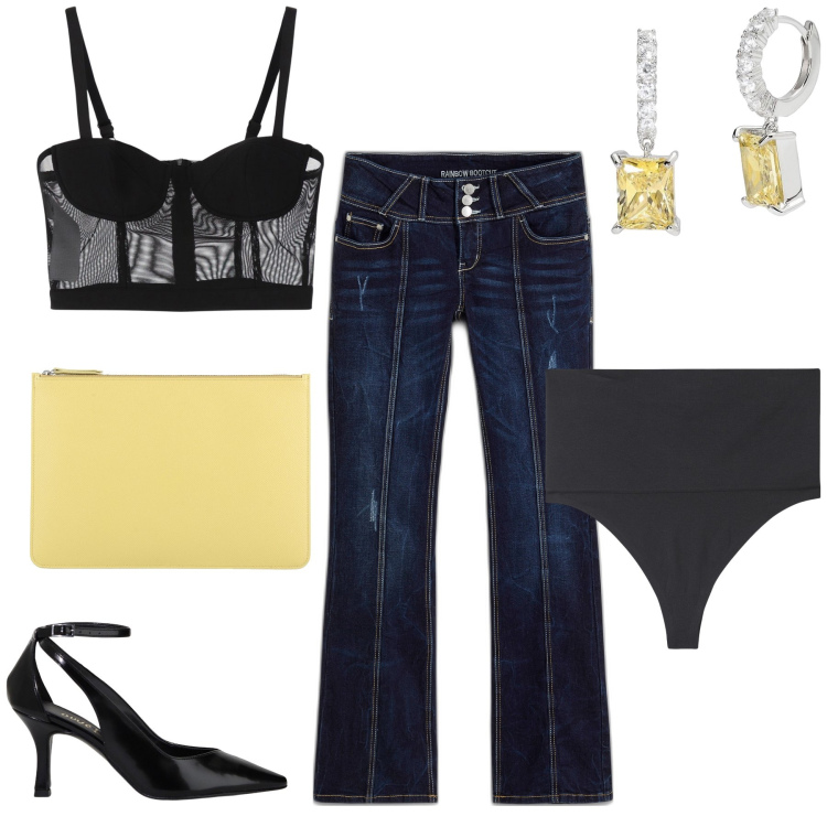 Outfit donna - So sexy. Stile Sexy per Serata fuori. Abbinamento con jeans bootcut, pochette, perizomi, orecchini, top, décolleté.