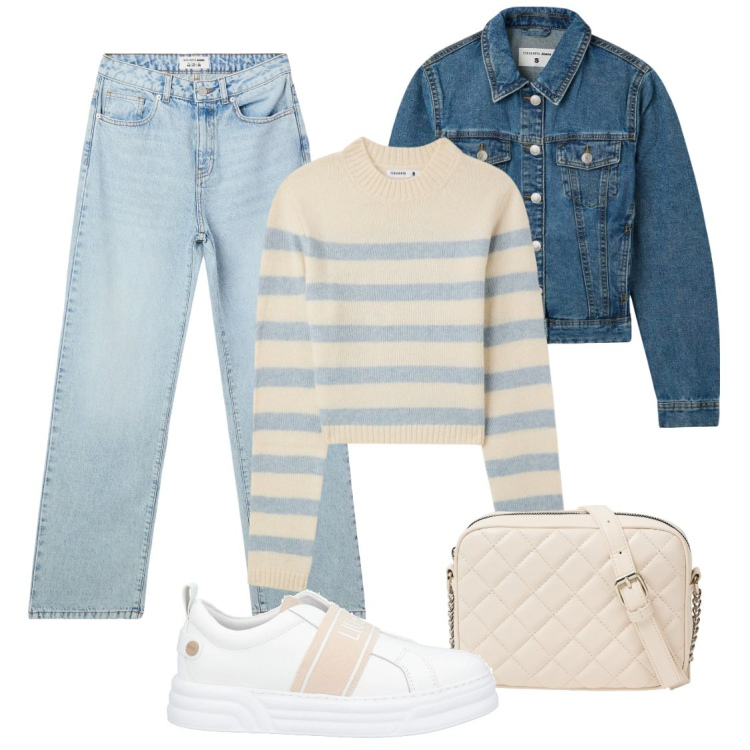 Outfit donna - Terranova style. Stile Casual per Tutti i giorni. Abbinamento con sneakers, jeans dritti, maglieria, blazer, borse a tracolla.