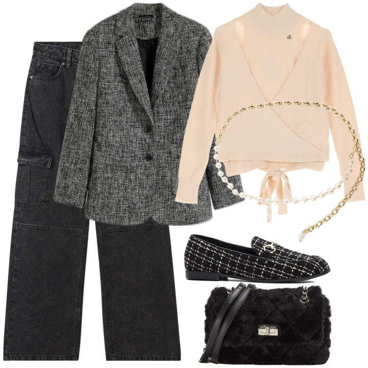 Outfit donna - Scaldacuore e perle. Stile Bon Ton per Tutti i giorni. Abbinamento con mocassini, blazer, jeans dritti, borse a spalla, collane, maglieria.