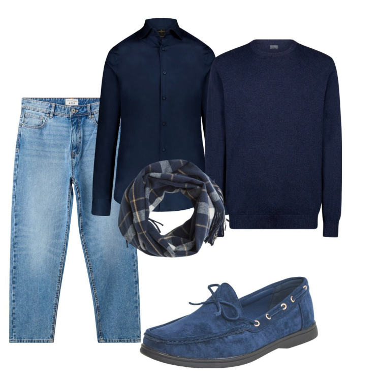 Outfit uomo - Total look #2043169. Stile Casual per Tutti i giorni. Abbinamento con scarpe stringate, jeans, sciarpe, camicie, maglieria.
