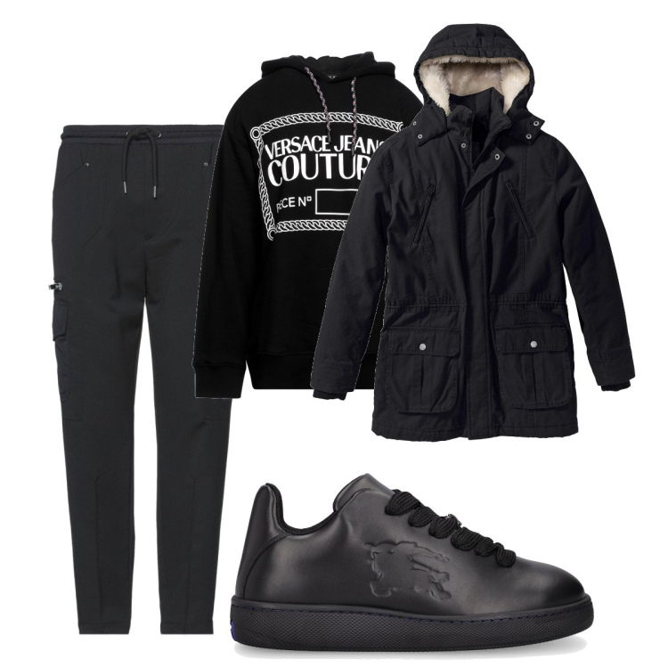 Outfit uomo - Total look #2043174. Stile Casual per Tutti i giorni. Abbinamento con parka, pantaloni, felpe con cappuccio, sneakers.