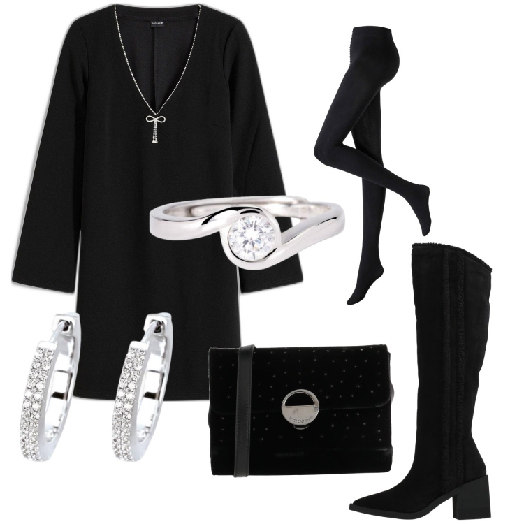 Outfit donna - Dettagli scintillanti. Stile Chic per Serata fuori. Abbinamento con collant, vestiti corti, stivali, borse a tracolla, anelli, orecchini.