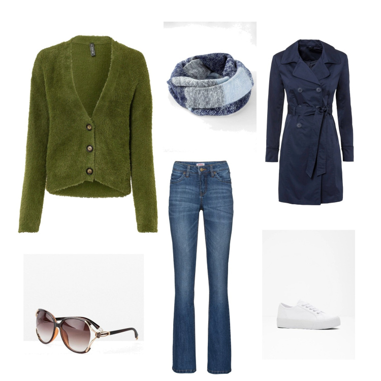 Outfit donna - Green denim. Stile Casual per Tutti i giorni. Abbinamento con sneakers, jeans bootcut, occhiali da sole, trench, foulard, cardigans.