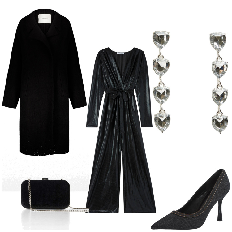 Outfit donna - Una sera a teatro. Stile Chic per Serata fuori. Abbinamento con pochette, tute, décolleté, orecchini, cappotti.