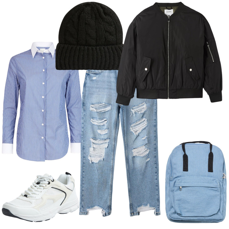 Outfit donna - Breve viaggio. Stile Casual per Tutti i giorni. Abbinamento con berretti, jeans dritti, bomber, zaini, sneakers, camicie.