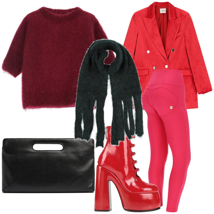 Outfit donna - Look strong. Stile Urban per Tutti i giorni. Abbinamento con sciarpe, stivaletti, pantaloni skinny, maglieria, blazer, pochette.