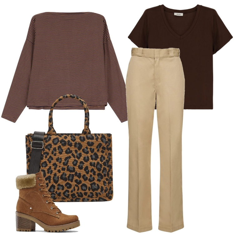 Outfit donna - Toni caldi. Stile Casual chic per Tutti i giorni. Abbinamento con stivaletti, shopping bag, maglieria, t-shirt, pantaloni.